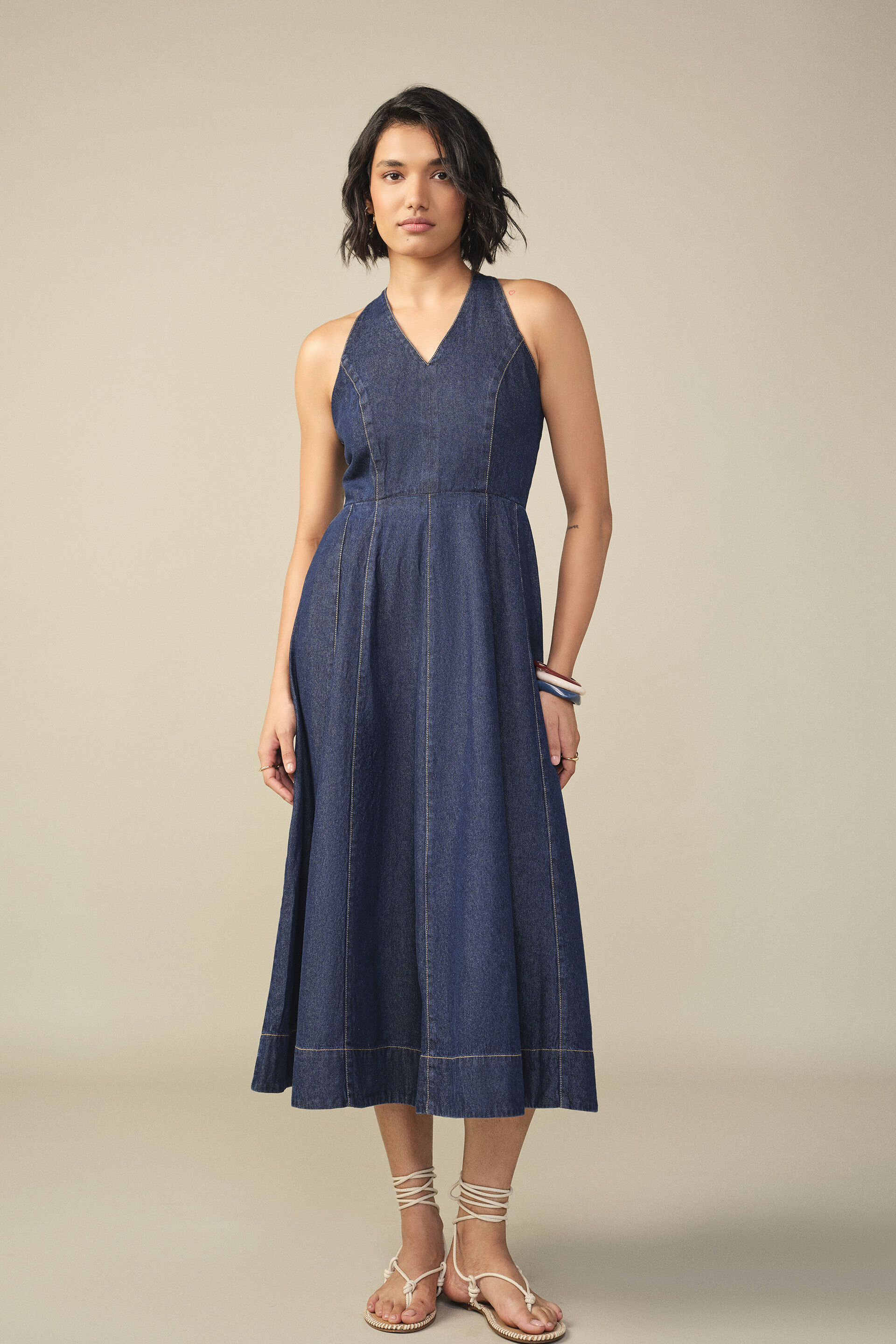 Panelled Denim Maxi Dress in Blue, Blue, image 1